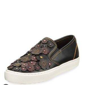 Coach Tea Rose Embellished Leather Skate Sneaker in Black